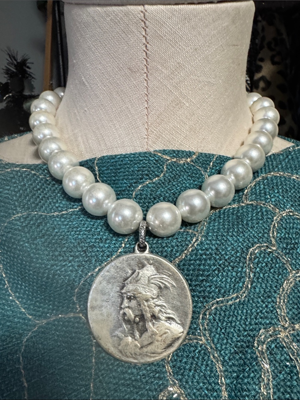 Gorgeous White Beaded necklace with large coin pendant